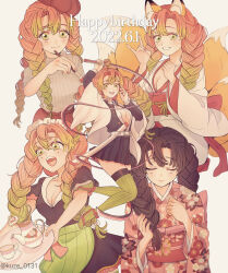 1girl 2022 :d absurdres alternate_costume animal_ears black_hair black_jacket black_skirt braid breasts cleavage collarbone cup dated demon_slayer_uniform dress_shirt enmaided floral_print floral_print_kimono fox_ears fox_girl fox_shadow_puppet fox_tail gradient_background green_eyes green_hair green_thighhighs grey_sweater grin happy_birthday hat highres holding holding_brush holding_plate holding_sword holding_weapon jacket japanese_clothes kanroji_mitsuri kimetsu_no_yaiba kimono kuze_0131 large_breasts long_sleeves looking_at_viewer maid medium_skirt miniskirt mole mole_under_each_eye mole_under_eye multiple_moles multiple_tails obi open_clothes open_jacket open_mouth open_shirt pink_hair pink_kimono plate pleated_skirt print_kimono red_hat ribbed_sweater sash shirt short_sleeves skirt smile sweater sword tail teacup teapot thighhighs tri_braids twin_braids twitter_username weapon whip_sword white_kimono white_shirt wide_sleeves zettai_ryouiki