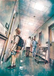 4boys backpack bag brown_hair commentary doctor door full_body hallway hospital indoors kobone_awaki lab_coat light light_particles male_focus multiple_boys nurse original shoes short_hair shorts sneakers