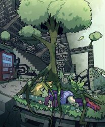 Rule 34 | 1girl, ahoge, blonde hair, blue skirt, chainsaw, closed eyes, closed mouth, commentary, english commentary, flower, frown, hair flaps, highres, holding, holding chainsaw, hugging object, kneehighs, leaf, long sleeves, lying, miniskirt, on grass, on side, outdoors, purple socks, purple sweater, red shoes, saghaley, shoes, short hair, skirt, sleeping, socks, solo, stairs, stone stairs, sweater, trash can, tree, under tree, urotsuki, vending machine, white flower, yume 2kki