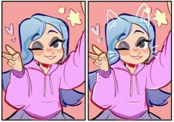 andrea_davenport blue_hair bonnie_yun28 brown_eyes dual_persona freckles highres hood hoodie light_blue_hair long_hair looking_at_viewer multicolored_hair one_eye_closed open_mouth pink_sweater selfie skirt smile streaked_hair sweater the_ghost_and_molly_mcgee toon_(style) v