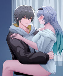 Rule 34 | 1boy, 1girl, absurdres, black hairband, black jacket, black sleeves, blush, caelus (honkai: star rail), closed eyes, closed mouth, curtains, firefly (honkai: star rail), gradient hair, grey hair, hair between eyes, hair intakes, hairband, highres, honkai: star rail, honkai (series), jacket, light smile, long hair, long sleeves, multicolored hair, no pants, open clothes, open jacket, open mouth, reyryner, shirt, teeth, trailblazer (honkai: star rail), white shirt, yellow eyes