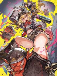 1girl baseball_bat black_boots black_gloves black_helmet black_jacket black_shirt black_shorts blonde_hair boots combat_helmet crop_top denim denim_shorts gloves grey_background hair_between_eyes helmet highres holding jacket long_hair looking_at_viewer luciana_de_montefio navel open_mouth red_eyes reomenka shirt short_shorts shorts side_ponytail solo solo_focus zenless_zone_zero