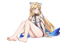 1girl bare_legs bare_shoulders barefoot black_collar black_dress blonde_hair blue_eyes blush cartethyia_(wuthering_waves) collar commentary_request crown_of_thorns dress earrings feet hair_intakes highres jewelry legs long_hair looking_at_viewer necklace open_mouth parted_bangs pointy_ears shenqi_xiao_hong_zai_nali sidelocks simple_background sitting solo tabard tacet_mark_(wuthering_waves) toes very_long_hair white_background white_tabard wuthering_waves