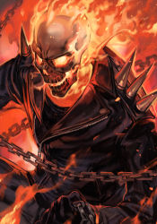 biker_clothes black_jacket black_pants black_shirt bracelet burning chain fire flaming_eyes flaming_skull ghost_rider ghost_rider_(series) gloves holding holding_chain hungry_clicker jacket jewelry leather leather_jacket marvel no_humans pants red_background shirt shoulder_spikes skull solo spikes studded unzipped weapon zipper