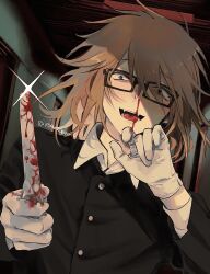 1boy absurdres black-framed_eyewear black_eyes black_jacket blood bloody_knife brown_hair collared_shirt glasses gloves highres holding holding_knife iekaradenai2 jacket knife long_sleeves looking_at_viewer male_focus medium_hair nosebleed open_mouth randal&#039;s_friends randal_ivory rectangular_eyewear shirt solo twitter_username white_gloves white_shirt