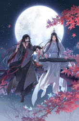 3boys artist_name bishounen black_footwear black_hair black_robe boots branch brown_eyes child chinese_clothes closed_eyes closed_mouth commentary_request dizi floating_hair flute full_body full_moon guqin hair_between_eyes hair_ornament hair_ribbon hands_up hanfu headband high_ponytail highres holding holding_instrument in_tree instrument instrument_request lan_sizhui lan_wangji leaf long_hair long_sleeves looking_at_another male_focus modao_zushi moon multiple_boys music night night_sky open_mouth outdoors parted_bangs playing_instrument ponytail red_ribbon red_sash ribbon robe sash sidelocks sideways_glance sitting sitting_in_tree sky smile star_(sky) starry_sky tassel teeth transverse_flute tree twitter_username upper_teeth_only usagishi very_long_hair wei_wuxian wei_wuxian_(yiling_laozu) white_headband white_robe wide_sleeves xiao_guan_(headdress)