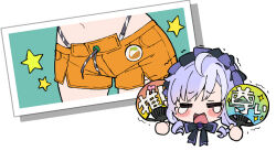 Rule 34 | 2girls, = =, belle (summer skies) (zenless zone zero), belle (zenless zone zero), black bow, blush stickers, bow, character request, chibi, closed eyes, commentary request, drawstring, grey hair, hand fan, highleg, holding, multiple girls, natsume eri, open mouth, orange shorts, paper fan, purple bow, short shorts, shorts, star (symbol), tears, trembling, uchiwa, vivian banshee, white background, zenless zone zero