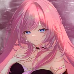 1girl 9778049194 absurdres bare_shoulders black_choker blue_eyes breasts chinese_commentary choker cleavage commentary_request earrings elf elysia_(honkai_impact) gloves hand_on_own_chest highres honkai_(series) honkai_impact_3rd jewelry large_breasts long_hair looking_at_viewer pink_background pink_hair pink_pupils pointy_ears smile solo upper_body very_long_hair white_gloves