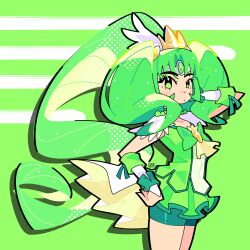 1girl absurdres bourbunbun bow choker commentary crown cure_march dress english_commentary green_background green_bow green_choker green_dress green_eyes green_hair highres light_blush long_hair looking_at_viewer midorikawa_nao ponytail precure simple_background smile_precure! solo tiara very_long_hair white_sleeves white_tiara white_wrist_cuffs wrist_cuffs