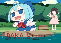 2girls :3 absurdres afloat ahoge black_hair blue_bow blue_dress blue_eyes blue_hair blue_sky blush_stickers bow box cardboard_box carrot_necklace cirno closed_eyes cloud commentary dress english_text fumo_(doll) hair_bow highres inaba_tewi jewelry kame_(kamepan44231) light_blue_hair multiple_girls necklace open_mouth outdoors pinafore_dress pink_dress short_hair short_sleeves sky sleeveless sleeveless_dress smile touhou tree water waving wings