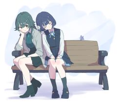 Rule 34 | 2girls, antenna hair, bare legs, black overskirt, black socks, black vest, blue skirt, blush, bug, butterfly, coat, commentary request, gakuen idolmaster, green shirt, grey coat, hair flaps, hand on own cheek, hand on own face, hataya misuzu, hatsuboshi gakuen school uniform, head rest, head tilt, highres, hpwk2775, idolmaster, insect, leaning to the side, light smile, long hair, mole, mole under eye, mole under mouth, multiple girls, on bench, purple butterfly, school uniform, shirt, short hair, sitting, skirt, skirt set, sleeping, socks, tsukimura temari, vest