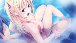 10s 1boy 1girl bikini blonde_hair blue_eyes blush breasts clothed_sex game_cg hair_ribbon hetero highres kagurazaka_namine koutaro long_hair nipples open_clothes open_mouth partially_submerged protagonist_(tropical_vacation) puffy_nipples ribbon saliva sex sitting straddling swimsuit tropical_kiss tropical_vacation twinkle_(company) water
