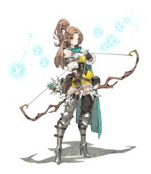 1girl absurdres armor armored_boots arowana2111 arrow_(projectile) asymmetrical_footwear belt black_thighhighs blush boots bow_(weapon) breasts brown_belt brown_eyes brown_hair cape cleavage cleavage_cutout clothing_cutout commentary dress elf english_commentary expressionless full_body highres holding holding_arrow holding_bow_(weapon) holding_weapon lips medium_breasts original pauldrons pointy_ears ponytail revealing_clothes scabbard shadow sheath short_dress shoulder_armor shoulder_cutout solo thighhighs underbust uneven_footwear weapon yellow_dress