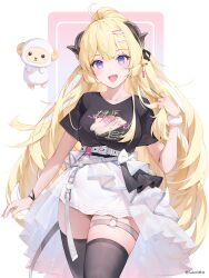 1girl :d absurdres andychen animal_ears black_shirt black_thighhighs blonde_hair cowboy_shot highres hololive horns long_hair open_mouth purple_eyes sheep_ears sheep_horns shirt short_sleeves skirt smile solo standing thigh_strap thighhighs tsunomaki_watame tsunomaki_watame_(watame_night_fever!!) twitter_username very_long_hair virtual_youtuber watamate white_skirt