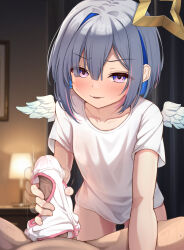 Rule 34 | 1boy, 1girl, afterimage, amane kanata, blue hair, blush, collarbone, commentary request, feathered wings, flat chest, grey hair, halo, handjob, hetero, highres, hololive, looking at viewer, multicolored hair, non non moral, open mouth, paid reward available, panties, panties on penis, penis, pink hair, pov, pov crotch, purple eyes, shirt, short hair, single hair intake, solo focus, star halo, streaked hair, t-shirt, textless version, underwear, variant set, virtual youtuber, white panties, white shirt, white wings, wings