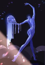 Rule 34 | 1other, :o, androgynous, arm up, artist name, ass, back, barefoot, blue hair, blue skin, colored skin, completely nude, cracked skin, crystal, dancing, disembodied head, expressionless, full body, glint, hair flowing over, highres, holding detached head, houseki no kuni, lapis lazuli (houseki no kuni), long hair, looking at viewer, nude, nukumorineko, other focus, outstretched arm, shade, soles, solo, standing, standing on one leg, straight hair