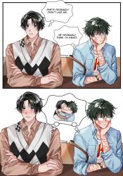 1boy 1girl argyle bag black_eyes black_hair blue_jacket blush brown_bag brown_shirt burn_scar checkered_clothes clenched_teeth collared_shirt crossed_arms english_text glasses green_hair hand_on_own_face handbag highres jacket jujutsu_kaisen kiss long_sleeves okkotsu_yuuta open_clothes open_jacket print_shirt qeanoya round_eyewear scar scar_on_arm scar_on_face shared_thought_bubble shirt short_hair signature sleeves_rolled_up speech_bubble sweater_vest teeth thought_bubble watch white_background wristwatch zen&#039;in_maki