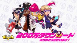 2girls 3boys absurdly_long_hair ahoge anime_coloring ankle_boots aqua_eyes asymmetrical_hair baggy_pants belt belted_jacket berecca black_gloves black_hair black_outline black_pants black_shirt black_shorts black_sweater black_undershirt blonde_hair blue-framed_eyewear blue_coat blue_eyes blue_shirt blue_shoes blue_sleeves boots brown_boots brown_hair brown_pupils burton_(ninjala) capri_pants character_background checkered_print child closed_mouth coat collar collared_coat collared_jacket collared_sweater commentary commentary_request copyright_name copyright_notice crossed_legs dark-skinned_male dark_skin dreadlocks english_text eyelashes eyewear_on_head fingerless_gloves fluffy_hair frown glasses gloves green_pants grey_sleeve_cuffs gumchi gungho hair_ornament hair_tie hairclip halftone halftone_background hand_in_pocket headphones high_collar holding holding_scroll holding_tablet_pc hood hood_down hooded_jacket horizontal-striped_thighhighs jacket jane_(ninjala) lace-up_boots lapels legs_apart logo logo_print long_hair long_mouth long_shirt long_sleeves looking_at_viewer male_focus medium_hair multicolored_coat multicolored_jacket multicolored_shoes multiple_boys multiple_girls ninjala nose notched_lapels official_art on_stool outline pants parted_bangs parted_hair partially_unzipped pink_hair pink_thighhighs platform_boots polka_dot polka_dot_background pompadour ponytail popped_collar print_jacket print_shirt puffy_long_sleeves puffy_sleeves purple_outline purple_thighhighs race_queen red_belt red_boots rianti-wong ribbed_sweater ron_(ninjala) screen scroll second-party_source semi-rimless_eyewear shirt shoe_soles shoes short_hair shorts shuriken sidecut simple_background sitting sleeveless sleeveless_jacket sleeves_rolled_up smile sneakers standing stool striped_sleeves sunglasses sweater tablet_pc thank_you thigh_boots thighhighs translation_request turtleneck turtleneck_sweater two-sided_coat two-sided_fabric two-tone_coat two-tone_jacket two-tone_shoes undercut undershirt very_long_hair waving weapon wheel white-framed_eyewear white_background white_coat white_jacket white_shoes white_sleeves x_hair_ornament yellow_eyes yellow_hood yellow_jacket yellow_sleeve_cuffs zipper zipper_pull_tab