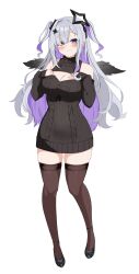 1girl absurdres amane_konata black_ribbon black_shoes black_sweater black_thighhighs breasts cleavage cleavage_cutout clothing_cutout diamond_hair_ornament grey_hair hair_ribbon halo hands_on_own_chest highres hololive large_breasts long_hair looking_at_viewer meme_attire miya_anko purple_hair ribbon shoes solo star_halo sweater thighhighs turtleneck turtleneck_sweater virgin_killer_sweater virtual_youtuber white_background