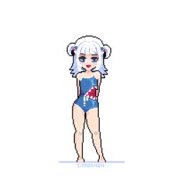 1girl ^_^ alternate_costume animated animated_gif arms_behind_back barefoot blinking blue_eyes blue_hair closed_eyes contrapposto english_text gawr_gura hololive hololive_english looking_at_viewer medium_hair multicolored_hair no_tail one-piece_swimsuit open_mouth pixel_art pointing pointing_at_viewer sim0n404 simple_background solo speech_bubble streaked_hair swimsuit virtual_youtuber white_background white_hair