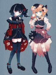 2boys black_boots black_choker black_gloves black_hair black_hat black_shoes black_shorts black_thighhighs blonde_hair blue_eyes blush bob_cut boots brown_skirt choker closed_mouth dot_mouth expressionless flower flower_request gloves hand_on_own_chest hand_on_own_hip hand_up hankaku_sato hat hat_flower jacket knees_together_feet_apart kyogoku_masamune lace lace-up_boots lace_gloves long_sleeves midare_toushirou multicolored_hair multiple_boys one_side_up parted_lips plaid_clothes plaid_skirt red_eyes red_jacket red_vest ringed_eyes shirt shoes short_hair shorts sidelocks single_drill skirt smile streaked_hair thighhighs tilted_headwear touken_ranbu trap vest white_flower white_hair white_shirt
