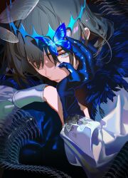 1boy absurdres blue_eyes bug butterfly cherrymaru claws crown fate/grand_order fate_(series) fur_trim glowing_butterfly grey_hair highres insect long_sleeves looking_down oberon_(fate) oberon_(third_ascension)_(fate) puffy_long_sleeves puffy_sleeves shirt short_hair solo white_shirt