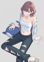 1girl ae_iueo black_pants breasts brown_hair camisole collarbone commentary_request crop_top denim fingernails highres higuchi_madoka idolmaster idolmaster_shiny_colors invisible_chair jacket jeans looking_at_viewer medium_breasts midriff mole mole_under_eye nail_polish navel open_clothes open_jacket pants red_eyes short_hair single_bare_shoulder sitting solo stomach stuffed_whale torn_clothes torn_pants white_camisole white_jacket