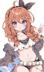 1girl :o ahoge belt bikini black_bikini black_hairband blush bow_hairband braid breasts brown_hair check_commentary collarbone commentary_request cowboy_shot grey_jacket hairband hi_(pontolfo) highres jacket jacket_over_swimsuit layered_bikini long_hair low_twin_braids navel official_alternate_costume open_mouth princess_connect! purple_eyes see-through_clothes see-through_jacket side_braid simple_background small_breasts solo stomach swimsuit twin_braids v white_background white_belt white_bikini yuni_(princess_connect!) yuni_(winter)_(princess_connect!)