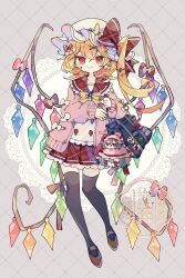 Rule 34 | 1girl, absurdres, bag, black thighhighs, blonde hair, crystal wings, flandre scarlet, full body, hat, highres, jacket, long hair, missing commentary, mob cap, nikorashi-ka, pink jacket, red eyes, red skirt, remilia scarlet, side ponytail, skirt, solo, stuffed toy, thighhighs, touhou, watermark, white hat