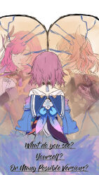 3girls blue_eyes blue_jacket broken_mirror coat color_connection company_connection corset cyrene_(honkai:_star_rail) elysia_(honkai_impact) elysia_(miss_pink_elf)_(honkai_impact) english_text hair_color_connection hair_ornament hashtag-only_commentary highres honkai:_star_rail honkai_(series) honkai_impact_3rd inoue_marina jacket lightrozal march_7th_(honkai:_star_rail) medium_hair mirror multiple_girls pink_hair purple_coat voice_actor_connection white_corset yanning