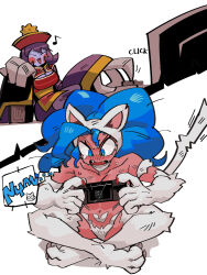 2girls 33dot angry animal_ears animal_hands blue_eyes blue_skin breasts cat_ears cat_tail claws colored_skin darkstalkers fangs felicia_(darkstalkers) hat highres hsien-ko large_breasts multiple_girls nintendo_switch_2 pants playing_games sitting tail white_fur wide_sleeves