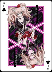 1girl absurdres black_shirt blonde_hair blood blue_eyes breasts card_(medium) character_name cleavage collarbone cosplay danganronpa:_trigger_happy_havoc danganronpa_(series) enoshima_junko enoshima_junko_(cosplay) hair_ornament hand_on_own_hip highres hua_ze_you ikusaba_mukuro large_breasts leaning_forward looking_at_viewer miniskirt multiple_views nail_polish pink_blood pink_eyes polka_dot_necktie rabbit_hair_ornament red_eyes red_nails red_skirt shirt skirt smile translation_request twintails white_background