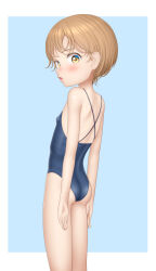 Rule 34 | 1girl, absurdres, arms at sides, ass, blonde hair, blue one-piece swimsuit, blush, breasts, cowboy shot, female focus, from behind, gluteal fold, highres, looking at viewer, looking back, one-piece swimsuit, open mouth, original, paid reward available, sc naru, school swimsuit, short hair, small breasts, solo, swimsuit, thighs, yellow eyes