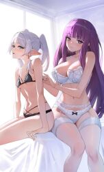 2girls aqua_eyes arms_at_sides bare_arms bare_shoulders black_bra black_panties blunt_bangs bow bow_panties bra breasts cleavage closed_mouth commentary commentary_request ear_piercing earrings elf english_commentary feet_out_of_frame fern_(sousou_no_frieren) floating_earrings frieren garter_belt garter_straps grey_hair hand_rest highres jewelry large_breasts light_blush lingerie long_hair looking_at_viewer multiple_girls navel paid_reward_available panties panties_over_garter_belt parted_bangs parted_lips piercing pointy_ears purple_eyes purple_hair raijuu_(bakanara) removing_bra sideways_mouth sitting small_breasts sousou_no_frieren stomach thick_eyebrows thighhighs thighs twintails twitter_username underwear underwear_only undressing_another white_bra white_garter_straps white_panties white_thighhighs