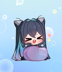 &gt;_&lt; 1girl :d aqua_hair black_hair blue_background blush bodysuit bubble buck_teeth bun_cover chibi colored_inner_hair commentary_request deformed double-parted_bangs double_bun elbow_gloves fingerless_gloves gloves goddess_of_victory:_nikke gradient_hair hair_bun highres korean_commentary little_mermaid_(nikke) long_hair looking_at_viewer multicolored_hair open_mouth purple_hair radio_antenna simple_background sitting smile solid_circle_eyes solo spread_legs teeth upper_teeth_only uz_(uzru0428) very_long_hair xd