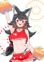 1girl animal_ear_fluff animal_ears belt belt_collar black_belt black_hair breasts brown_hair cheerleader collar highres hololive kani_bonara large_breasts long_hair looking_at_viewer medium_breasts multicolored_hair navel ookami_mio open_mouth orange_eyes pleated_skirt pom_pom_(cheerleading) red_hair red_skirt skirt smile solo streaked_hair sweat underboob virtual_youtuber wolf_ears wolf_girl