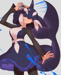 1girl absurdres animal_skull arm_up belt bird_skull black_hair blue_nails bodystocking cetacean_tail closed_mouth covered_eyes cowboy_shot dorsal_fin dress energy facing_viewer fighting_stance fingernails fins fish_tail floating_hair frills hair_over_eyes head_fins highres holding holding_skull kemono_friends light_smile long_sleeves medium_dress medium_hair multicolored_hair nail_polish notora orca_(kemono_friends) outstretched_arm skull sleeveless sleeveless_dress solo tail two-tone_hair white_hair