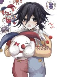 1boy alternate_costume alternate_hairstyle black_hair blush clown commentary costume danganronpa_(series) danganronpa_v3:_killing_harmony flipped_hair hair_between_eyes hot long_sleeves looking_at_viewer low_ponytail male_focus mascot_costume medium_hair oma_kokichi open_mouth ponytail purple_eyes purple_hair simple_background solo spoken_character spoken_object sun sweat sweatdrop upper_body w7324960824577 white_background