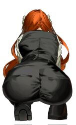 Rule 34 | 1girl, ass, ass focus, formal clothes, from behind, hair ribbon, highres, huge ass, ishmael (project moon), limbus company, long hair, orange hair, pants, project moon, ribbon, shoes, solo, squatting, very long hair, yongsadragon