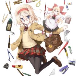 1girl alice_margatroid alternate_costume bag bespectacled black_pantyhose blonde_hair blue_eyes bow boxcutter calligraphy_brush contemporary eraser female_focus glasses hair_bow hairband inkwell mochiki paintbrush pantyhose pen pencil plaid_clothes plaid_skirt ruler school_uniform scissors shanghai_doll skirt solo stapler sweater touhou