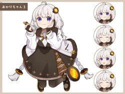 Rule 34 | 1girl, :o, :q, ahoge, binchou maguro, black dress, black gloves, black pantyhose, black shoes, blue eyes, blush, border, brown border, character name, closed eyes, closed mouth, commentary request, dress, fork, full body, gloves, grey hair, hair ornament, hand on own face, holding, holding fork, jacket, kizuna akari, long hair, long sleeves, looking at viewer, multiple expressions, neck ribbon, open clothes, open jacket, open mouth, pantyhose, partially fingerless gloves, ribbon, shoes, simple background, tongue, tongue out, translated, very long hair, vocaloid, voiceroid, white background, white jacket
