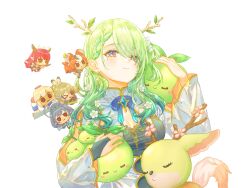 6+girls absurdres antlers anversailles aqua_gemstone blue_dress blue_gloves blue_hair braid braided_bangs breasts brown_hair ceres_fauna ceres_fauna_(1st_costume) chibi cleavage colored_inner_hair commentary dark-skinned_female dark_skin dress english_commentary gem gloves green_hair green_nails hair_between_eyes hair_branch hakos_baelz highres hololive hololive_english horns irys_(hololive) lace lace-trimmed_dress lace_trim large_breasts looking_at_viewer medium_hair mole mole_under_eye multicolored_hair multiple_girls nanashi_mumei nemu_(ceres_fauna) ouro_kronii ponytail purple_hair red_hair sapling_(ceres_fauna) simple_background tsukumo_sana twintails virtual_youtuber white_background white_hair yellow_eyes