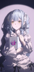 1girl absurdres airool animate_(company) animate_cafe artist_name bang_dream! bang_dream!_it&#039;s_mygo!!!!! black_ribbon blue_hair book bow chinese_commentary commentary_request dated dress drill_hair drill_sidelocks drop_shadow flustered hair_ribbon hands_up highres holding holding_notebook juliet_sleeves lolita_fashion long_sidelocks long_sleeves looking_to_the_side mirrored_text mixed-language_commentary notebook official_alternate_costume official_alternate_hairstyle open_book parted_lips partial_commentary puffy_sleeves ribbon ribbon-trimmed_dress ribbon_trim sidelocks sleeve_bow solo spotlight sweatdrop togawa_sakiko twin_drills two-handed white_bow white_dress white_ribbon yellow_eyes