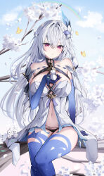 1girl absurdres bare_shoulders bird bird_on_hand black_panties blue_sky breasts bug butterfly commentary facing_viewer feet_out_of_frame flower genshin_impact hair_flower hair_ornament highres insect large_breasts linea_alba long_hair navel outdoors paid_reward_available panties pink_eyes prosthesis prosthetic_arm prosthetic_leg rainbow sitting sitting_on_branch skirk_(genshin_impact) sky solo underwear white_flower white_hair yellow_butterfly yeni1871