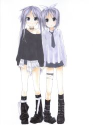 Rule 34 | 2girls, alternate costume, belt, belt collar, black leg warmers, black shoes, black sweater, bow, closed mouth, collar, collarbone, full body, grey belt, grey eyes, grey hair, grey necktie, grey skirt, hair bow, hairband, highres, hiiragi kagami, hiiragi tsukasa, holding hands, leg warmers, loafers, long hair, long sleeves, looking at viewer, lucky star, miniskirt, multiple girls, necktie, school uniform, shiki 59, shirt, shoes, short hair, siblings, simple background, single bare shoulder, sisters, skirt, smile, standing, sweater, thigh strap, twins, twintails, very long hair, white background, white bow, white hairband, white shirt
