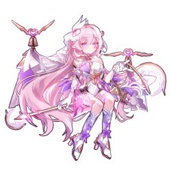 1girl bell boots breasts commentary_request corset dduehddueh diamond-shaped_pupils diamond_(shape) elf elysia_(herrscher_of_human:_ego)_(honkai_impact) elysia_(honkai_impact) full_body gloves high_heel_boots high_heels highres holding holding_staff honkai_(series) honkai_impact_3rd korean_commentary large_breasts pink_hair pointy_ears purple_eyes simple_background sitting sitting_on_object smile solo staff symbol-shaped_pupils thigh_strap white_background white_boots white_corset white_gloves