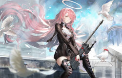 1girl absurdres arknights bipod bird black_dress black_jacket boots breasts building charm_(object) chinese_commentary collar commentary_request day detached_wings dress earrings exusiai_(arknights) falling_petals floating_hair flower flying food footwear_flower fruit gun halo highres holding holding_food holding_fruit jacket jewelry lemuen_(arknights) long_hair long_sleeves looking_at_viewer outdoors parted_lips petals pink_eyes pink_hair red_hair rifle samurai_hongzao shorts sitting small_breasts smile sniper_rifle solo sunglasses thigh_boots thighs traditional_halo very_long_hair weapon white_bird white_collar white_halo wings