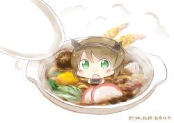 10s 1girl bad_id bad_pixiv_id brown_hair female_focus food green_eyes headgear hinata_yuu in_food kantai_collection looking_at_viewer mutsu_(kancolle) nabe open_mouth short_hair simple_background solo steam white_background