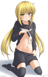 1girl black_sailor_collar black_serafuku black_shirt black_skirt black_thighhighs blonde_hair clothes_lift clothes_pull crescent crescent_pin full_body groin kantai_collection lifting_own_clothes long_hair long_sleeves low_twintails navel neckerchief one-hour_drawing_challenge ray.s sailor_collar satsuki_(kancolle) school_uniform serafuku shirt shirt_lift simple_background skirt skirt_pull solo thighhighs twintails very_long_hair white_background white_neckerchief yellow_eyes