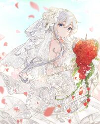 1girl blue_eyes bouquet bridal_veil choker closed_mouth dress expressionless flower gloves hair_bun highres holding holding_bouquet lace lace-trimmed_dress lace_gloves lace_trim looking_at_viewer plant red_flower red_petals red_rose ribbon rose shiro_snow short_hair signature simple_background single_hair_bun single_sidelock sinoalice snow_white_(sinoalice) solo veil vines watermark white_choker white_dress white_flower white_rose
